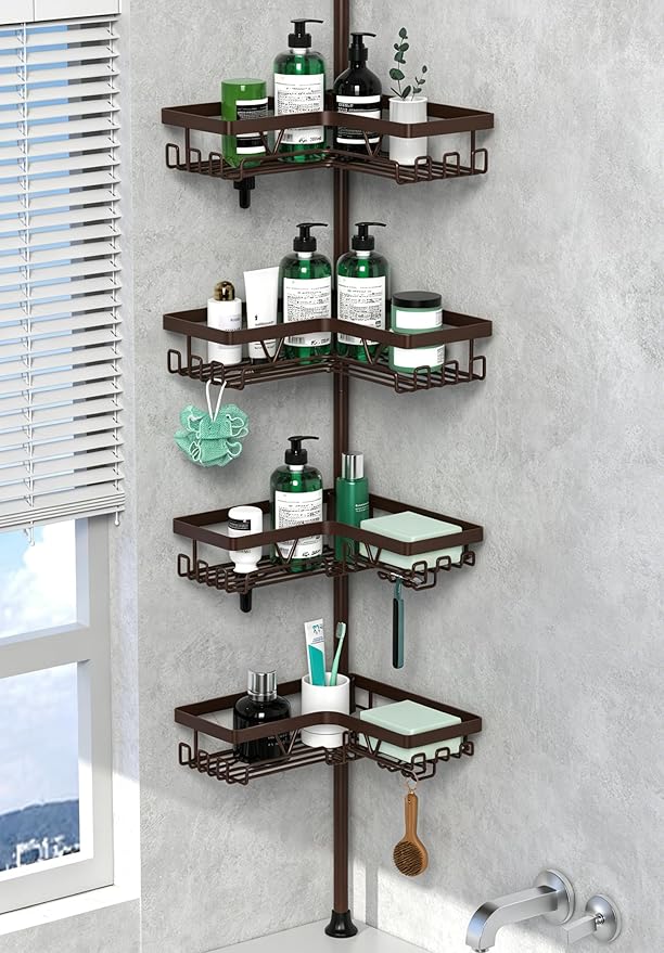 DAOYA Corner Shower Caddy Tension Pole - Adjustable 4-Tier Shower Shelf Stainless Steel Corner Tension Rod Bathroom Organizer Shampoo Holder with Soap Holders & Hooks for Bath, Tub, Floor Space Saving