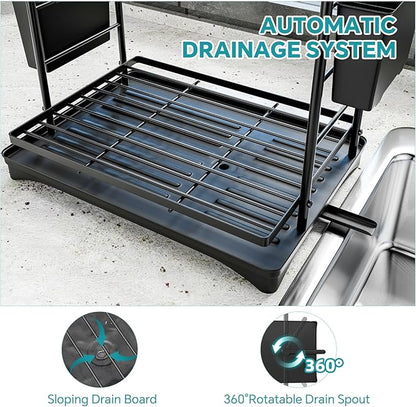 Simple Trending Dish Drying Rack, 2-Tier Dish Rack for Kitchen Counter, Large Dish Drainers Sink Organizers and Storage, Black