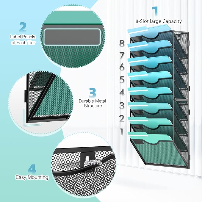 Gawerk 8-Tier Wall File Organizer Hanging Wall File Holder Wall Mount Paper Folder Organize, Mesh Magazine Document Mail Organizer Wall Organizer for Office School Home, Black