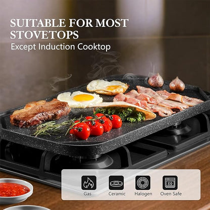 SENSARTE Nonstick Griddle Grill Pan, Pro-Grid Reversible Grill & Griddle Pan, Two Burner Cast Aluminum, Portable for Indoor Stovetop or Outdoor Camping BBQ, 19.5" x 10.7"