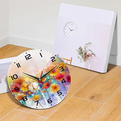 Clock for Living Room, Vintage Wild Floral Wall Clock Vintage Wooden Wall Clock Silent Non-Ticking Battery Operated Arabic Numerals Wall Clocks Decorative for Kitchen, Office, Classroom 10 Inch