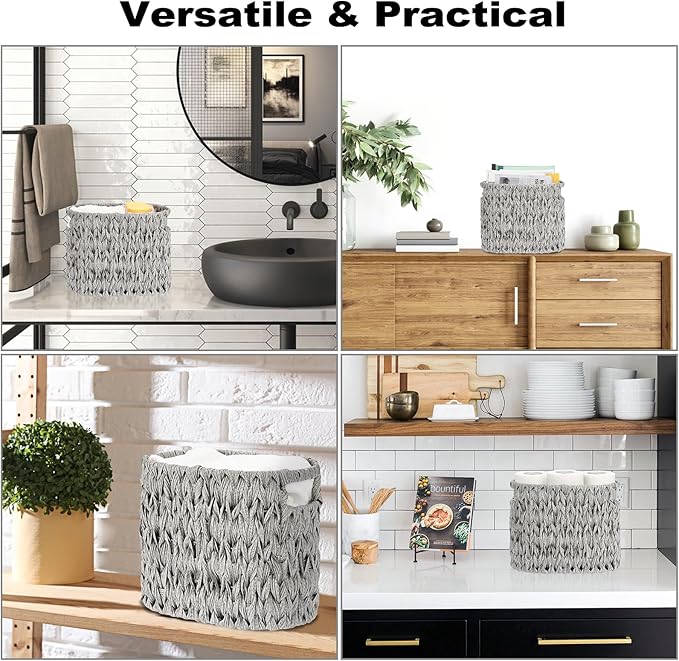 Sumnacon Toilet Paper Storage Basket Freestanding, Wicker Toilet Paper Holder Stand with Handle, Decorative Narrow Bathroom Baskets Sturdy Plastic Organizer Bin for Tissue Rolls, Toiletries, Towels