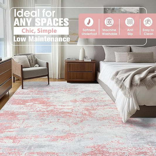10x14 Area Rugs for Living Room Rug Washable: Abstract Large Rug Indoor Modern Carpet Non Slip for Dining Room Bedroom Nursery Home Office Pink