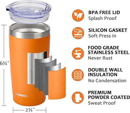 SUNWILL Travel Coffee Tumbler 20 oz, Insulated Mug with Lid, Stainless Steel Cup for Hot and Cold Drinks, Powder Coated Orange