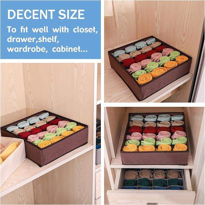 Foldable Storage Cubes Drawer Underwear Organizer Dividers， under Cabinet Organizer 24-Cell Fabric Storage Boxes for Lingerie,Socks,Ties （Coffee）