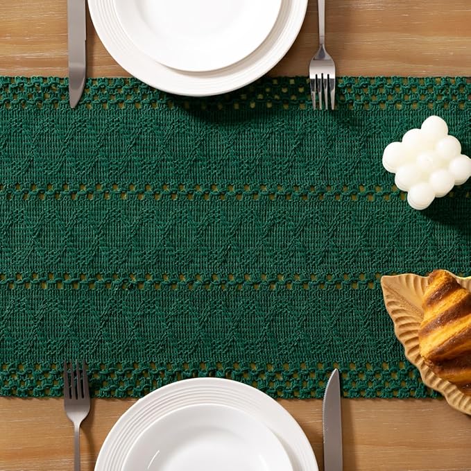 Socomi Boho Table Runner Macrame Valentine's Day Farmhouse Woven Cotton Linen Rustic Coffee Table Runner with Tassels for Small Dresser Scarf Home Decor Dining Room 12x72 inch Emerald Green