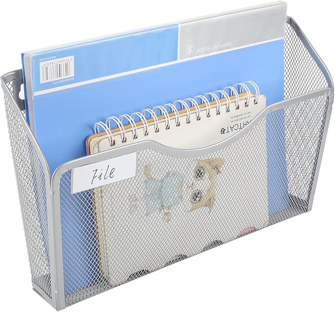 EasyPAG 3 Pack Wall File Organizer with Label Panel, Metal Mesh Hanging File Folder Holder for Letter/A4 Size Folders, Vertical Wall Mount Mail Sorter for Office Paperwork, Classroom, Silver