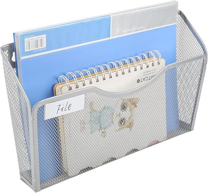 EasyPAG 3 Pack Wall File Organizer with Label Panel, Metal Mesh Hanging File Folder Holder for Letter/A4 Size Folders, Vertical Wall Mount Mail Sorter for Office Paperwork, Classroom, Silver