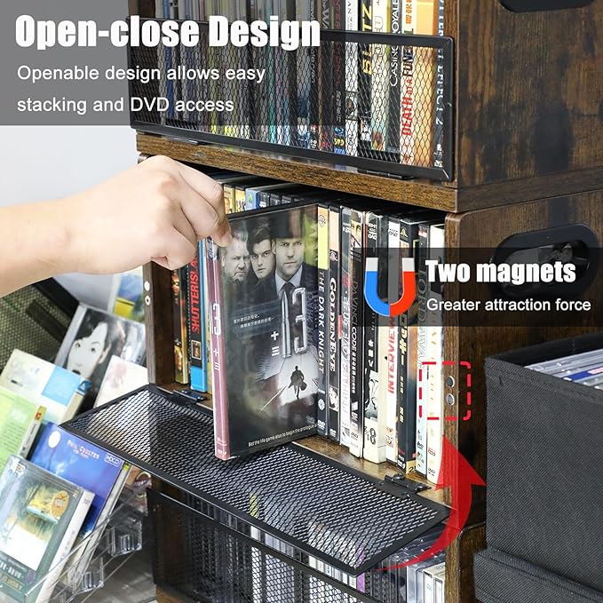 PUTNATRURE DVD CD Storage Rack, 3 Pack Holds 84 DVDs (28 Each), Stackable Wood & Metal DVD Tower with Magnetic Opening Door for Easy Access, Desktop Organizer for Blu ray, Video Game Cases, VHS Tapes