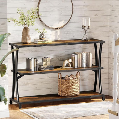 Tribesigns Industrial 3-Tier Console Table, Rustic Narrow Entryway Sofa Table with Storage Shelves for Living Room, Hallway, Foyer
