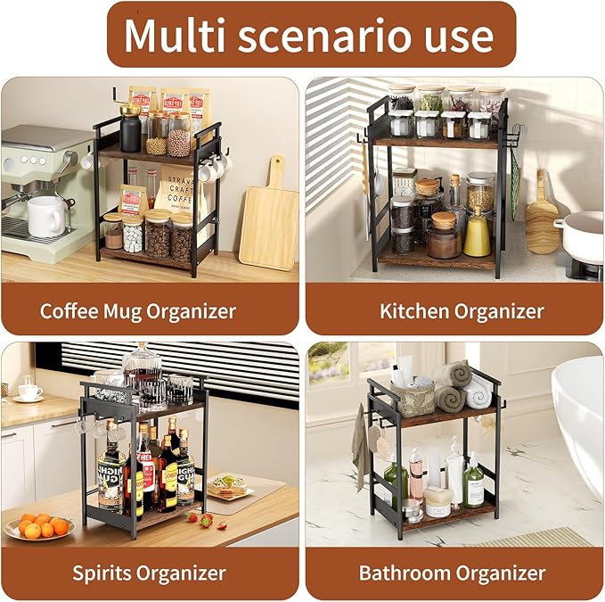 KLM 2 Tier Coffee Bar Organizer for Home Office, Spice Rack for Countertop, Kitchen Counter Storage Shelf with Hanging Basket, Coffee and Tea Condiment Station Organizer