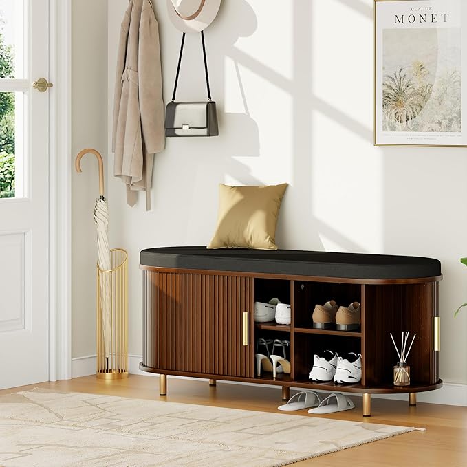 DHH 2-Tier Storage Bench, 43.3" Wide Shoe Bench with Thickened Padded Seat Cushion, Mid Century Modern Fluted Sliding Door and Adjustable Shelf, for Entryway, Living Room, Bedroom(Walnut)