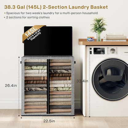 SOLEDI Double Laundry Hamper with Lid and Removable bag, Large Laundry Basket 2 Section with handles, Collapsible Dirty Clothes Hampers for Laundry, Bedroom, Dorm, College