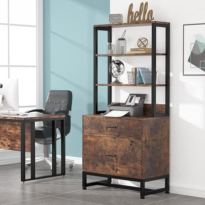 Tribesigns 2 Drawer Vertical File Cabinet with Lock & Bookshelf, Letter Size Large Modern Filing Cabinet Printer Stand with Open Storage Shelves for Home Office, Dark Brown