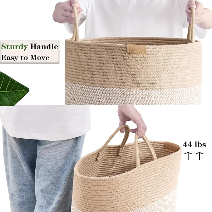 80L Extra Large Boho Laundry Hamper Basket, Tall Woven Hamper for Bedroom, Cotton Rope Laundry Basket for Clothes, 16x22 Inches, Brown