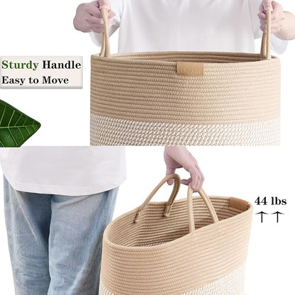 80L Extra Large Boho Laundry Hamper Basket, Tall Woven Hamper for Bedroom, Cotton Rope Laundry Basket for Clothes, 16x22 Inches, Brown