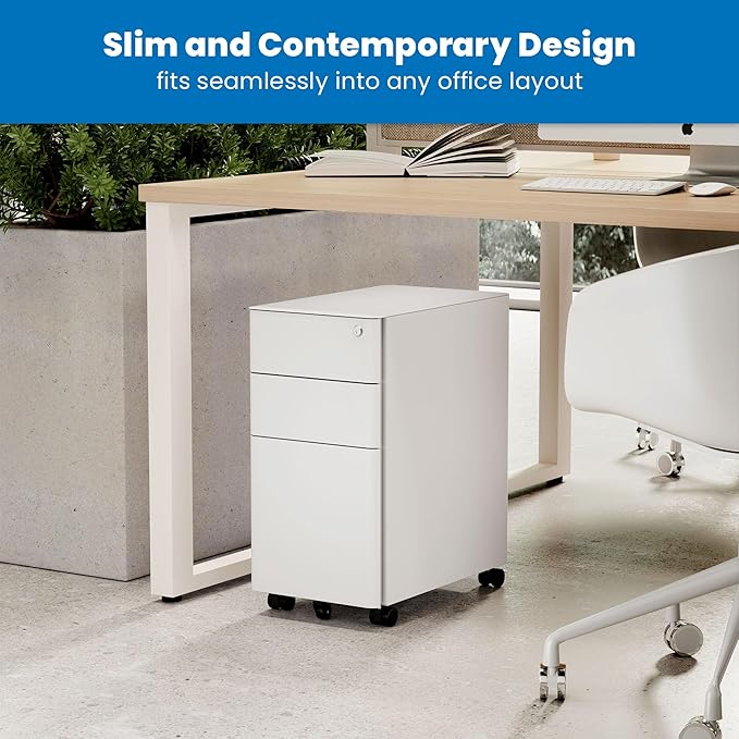 Mount-It! Slim Rolling File Cabinet, Under Desk Mobile Filing Cabinet with 3 Drawers and Lock, Steel Storage for Home Office and Small Business, White