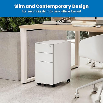 Mount-It! Slim Rolling File Cabinet, Under Desk Mobile Filing Cabinet with 3 Drawers and Lock, Steel Storage for Home Office and Small Business, White
