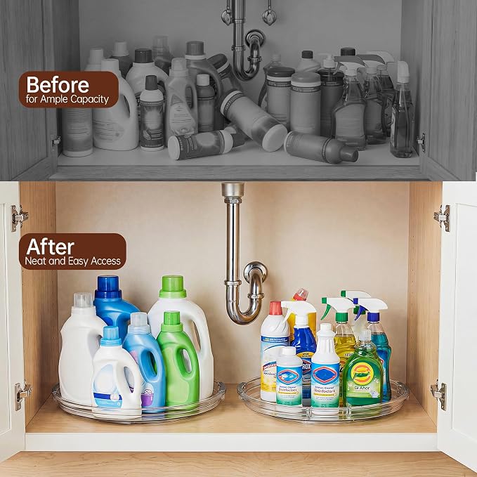 LAMU 12 Inch Lazy Susan Turntable, 360° Rotating Organizer Storage for Cabinet & Table Top, Pantry, Fridge, Bathroom, 2 Pack Clear Spice Rack, Kitchen Storage Tray for Medicine & Countertop