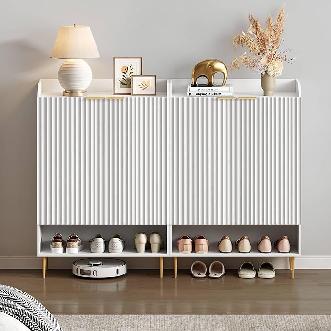 SICOTAS Fluted Shoe Cabinet - 50.7" Tall, 7-Tier Shoe Storage Cabinet with Adjustable Shelves & Doors, Modern Entryway Shoe Organizer for Hallway Front Door Closet, White