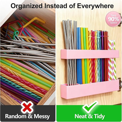 9.5” Large Acrylic Straw Holder for Cabinet Door, Reusable Adjustable Two-Part Straws Organizer with Ultra Sticky Adhesive Strips, 2026 Straw Storage for Kitchen Cupboard (Rose Stone)
