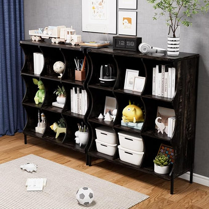 9 Cube Book Shelf, Low and Short Bookshelf, Long Cube Storage Organizer Wood TV Stand, Toy Organization DVD Cabinets for Living Room, Office, Bedroom, Dorm, Dark Brown with Dark Brown Top