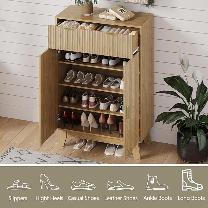 Shoe Cabinet Storage for Entryway, 4 Tier Fluted Shoe Storage Cabinet with 2 Drawers, Narrow Hidden Shoe Organizer with Adjustable Shelves, Freestanding Shoe Rack for Entryway, Hallway, Oak