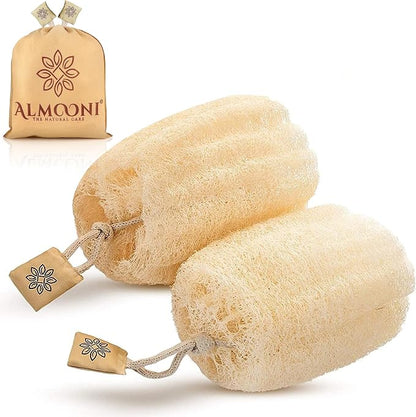 Almooni Natural Loofah Exfoliating Body Scrubber for Men and Women, Real Round Egyptian Loofah Sponge with Consistent Scrub Texture, Large Natural Shower Sponge for Body Exfoliation, 2-Count