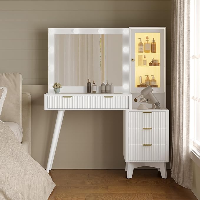 Makeup Vanity Desk with Mirror and Lights, 45" Fluted Wood Vanity Desk with Glass Top, 5 Drawers & RGB Glass Cabinet, Power Outlet, Mid Century Modern Dressing Table Set for Women Girls Bedroom