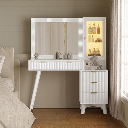 Makeup Vanity Desk with Mirror and Lights, 45" Fluted Wood Vanity Desk with Glass Top, 5 Drawers & RGB Glass Cabinet, Power Outlet, Mid Century Modern Dressing Table Set for Women Girls Bedroom