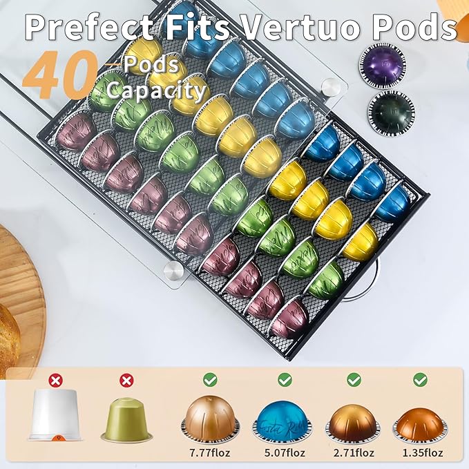 FlagShip Vertuo Pod Holder with Tempered Glass Top,Compatible for Nespresso VertuoLine Pods,Holds up to 40 Big Vertuo Pods,Smooth Pull-Out Design,Fits Under Coffee Makers (12.1''W x 16''D x 3.6''H)