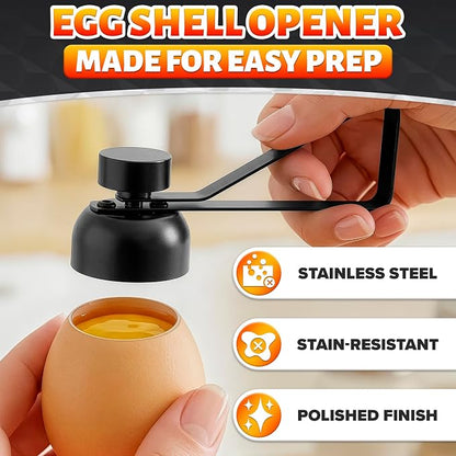 Egg Cracker Tool for Raw Eggs — Egg Shell Opener for Soft-Boiled Shell Tops, Stainless Steel Topper with Ergonomic Adjustable Effort — Clean Cut Design for Breakfast Prep, Custards, & Baking (Black)