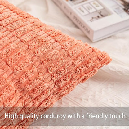 Aegero Pack of 2 Corduroy Decorative Throw Pillow Covers 18x18 InchSoft Boho Striped Pillow Covers Modern Farmhouse Home Decor for Sofa Living Room Couch Bed（Orange）