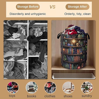 Laundry Basket,Skull Collapsible Laundry Baskets,Terror Library Waterproof Oxford Hamper with Handles for Bathroom Bedroom Nursery Home Storage 16"x20"
