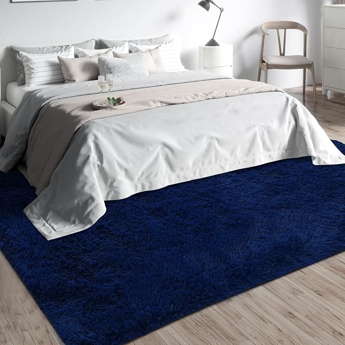 Shag Area Rugs for Bedroom Living Room,5X8 Ultra Soft Fluffy Area Rugs for Dorm,Indoor Carpet Plush Rugs for Living Room Home Decor, Navy Blue