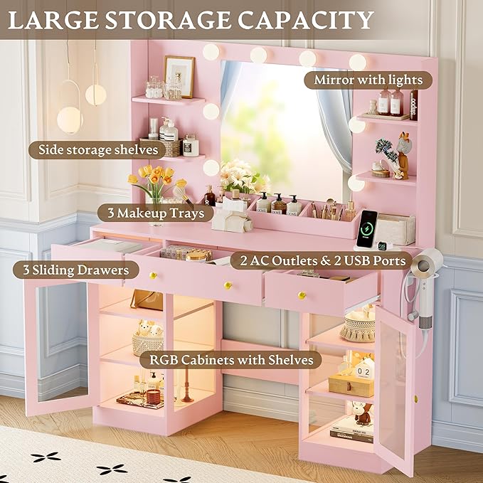 Vanity Desk With Mirror and Lights, Makeup Vanity Set with 3 Storage Drawers & Adjustable Shelves, Dressing Table with RGB Cabinets & Charging Station, 3 Lighting Modes for Women Kids Bedroom, Pink