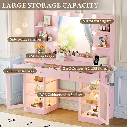 Vanity Desk With Mirror and Lights, Makeup Vanity Set with 3 Storage Drawers & Adjustable Shelves, Dressing Table with RGB Cabinets & Charging Station, 3 Lighting Modes for Women Kids Bedroom, Pink