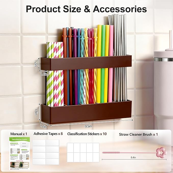 9.5” Large Acrylic Straw Holder for Cabinet Door, Reusable Adjustable Two-Part Straws Organizer with Ultra Sticky Adhesive Strips, 2026 Straw Storage for Kitchen Cupboard (Brown)