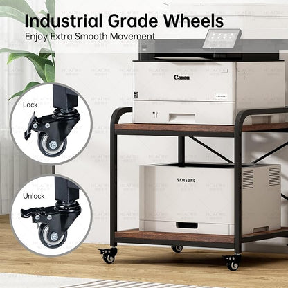Fannova Under Desk Printer Stand, 20 Inches Deep Large Printer Table with Height Adjustable Storage Shelf, 2 Tier Rolling Printer Cart with Wheels for Home Office - Rustic Brown