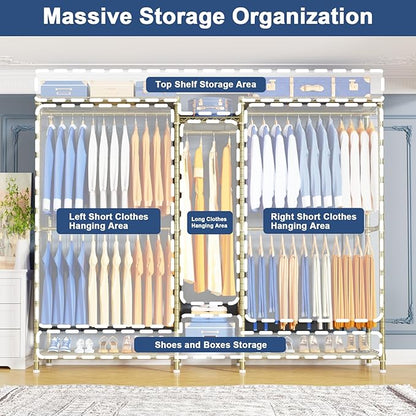 Ulif E12 Clothes Rack，Heavy Duty Freestanding Garment Rack with Shelves，Metal Clothing Closet Storage System for Hanging Clothes，71" W x 16" D x 76.5" H, Hold 960 lbs，Gold
