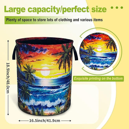 Ocean Waves Laundry Basket Funny Hawaii Sunset Foldable Waterproof Oxford Cloth Tote Bag Laundry Hamper Large Clothes Storage Bucket Toy Organizer For Bathroom/Laundry Storage/Bedroom 18.9x16.5 Inch