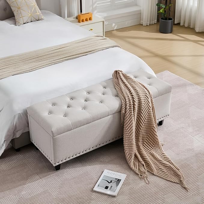 Tbfit 50.8“ Large Ottoman Storage Bench for Bedroom, Oversized Tufted Upholstered Entryway Benches End of Bed, Rectangle Dorm Foot Stool with Safety Hinge & Solid Wood Legs, Loads 660 lb, Beige