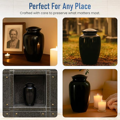 Modern Memorials Cremation Urn for Ashes - Large Urn for Man & Women - 200 Cubic Inches - Includes Velvet Storage Bag - Black