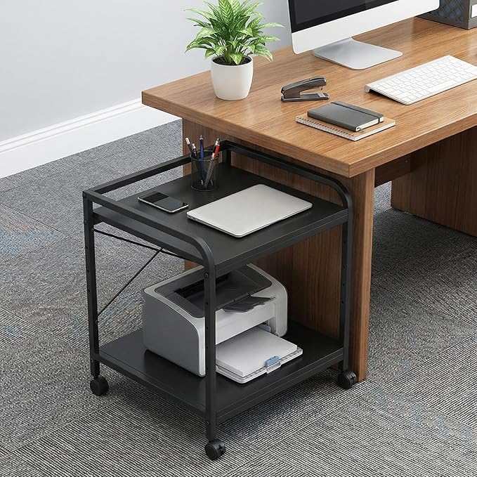 Garvee Under Desk Printer Stand, 2 Tier Printer Stand with Height Adjustable Storage Shelf, 20" Deep Large Rolling Printer Cart with Wheels for Home Office, Black