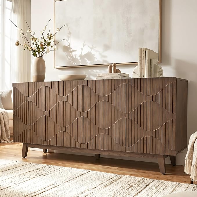 Buffet Cabinet with Storage, Distressed Storage Cabinet with 4 Carved Doors and Adjustable Shelf, Wooden Accent Sideboard Buffet Cabinets for Kitchen, Living Room, Entryway, Brown