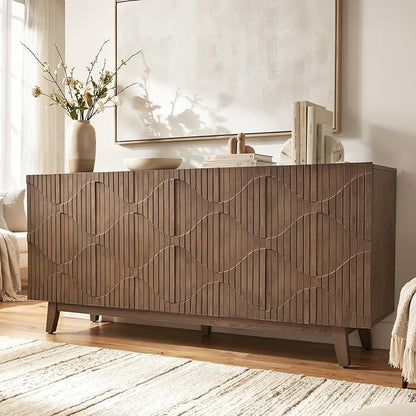 Buffet Cabinet with Storage, Distressed Storage Cabinet with 4 Carved Doors and Adjustable Shelf, Wooden Accent Sideboard Buffet Cabinets for Kitchen, Living Room, Entryway, Brown