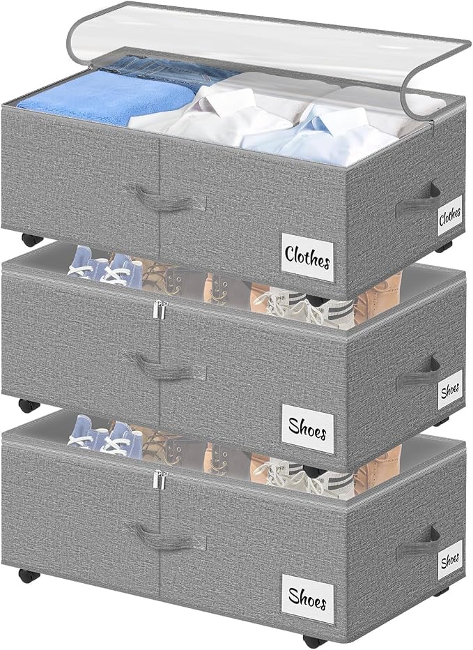 Under Bed Storage with Wheels, 3-Pack 10" Height XXL 75L Rolling Storage Bins, Quick Assembly Underbed Shoe Storage Containers with Clear Lid & Label, Dorm Under Bed Drawers for Clothes, Shoes, Grey