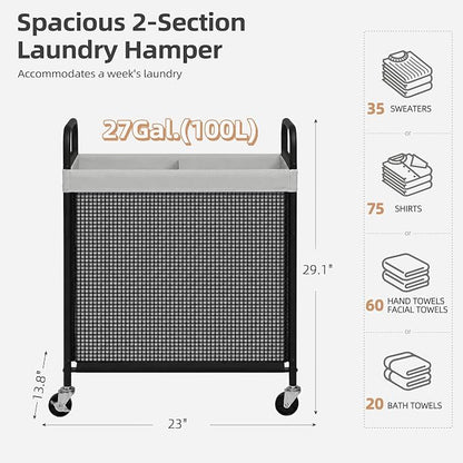 STORAGE MANIAC Rolling Laundry Hamper with Wheels 2-Section Laundry Sorter Rolling Laundrys Basket on Wheels with Removable Bag Clothes Hamper Laundrys Organizer Cart Bathroom Bedroom 100L Grey