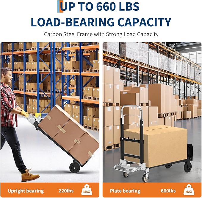 GarveeTech 2 in 1 Convertible Hand Truck Dolly, 660 LBS Load Capacity Folding Cart with Wheels, Elastic Straps, Carbon Steel Collapsible Dolly Cart for Home, Warehouse, Supermarket, Office