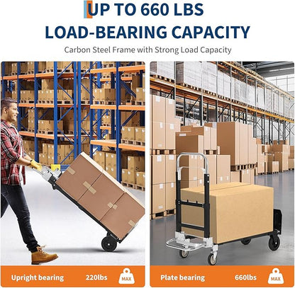GarveeTech 2 in 1 Convertible Hand Truck Dolly, 660 LBS Load Capacity Folding Cart with Wheels, Elastic Straps, Carbon Steel Collapsible Dolly Cart for Home, Warehouse, Supermarket, Office